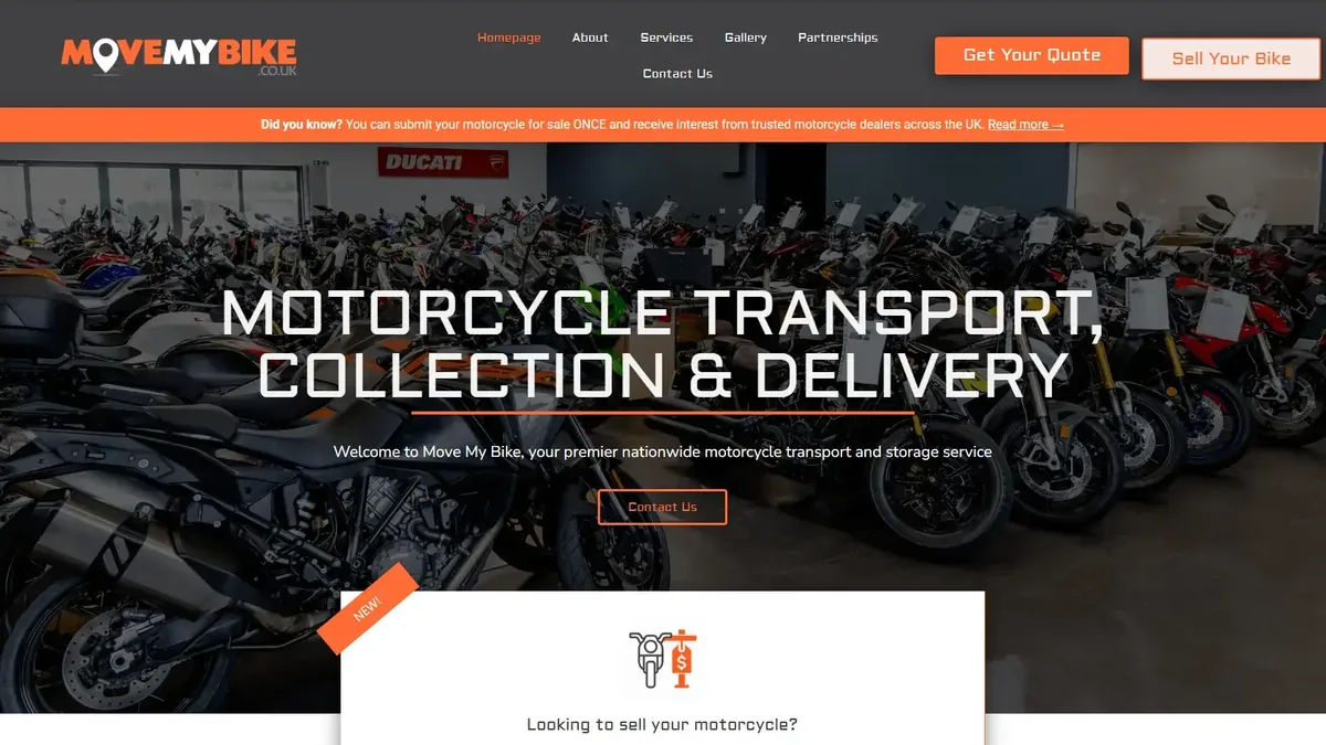 Sitio web de MoveMyBike con formularios de contacto y cotización en WordPress